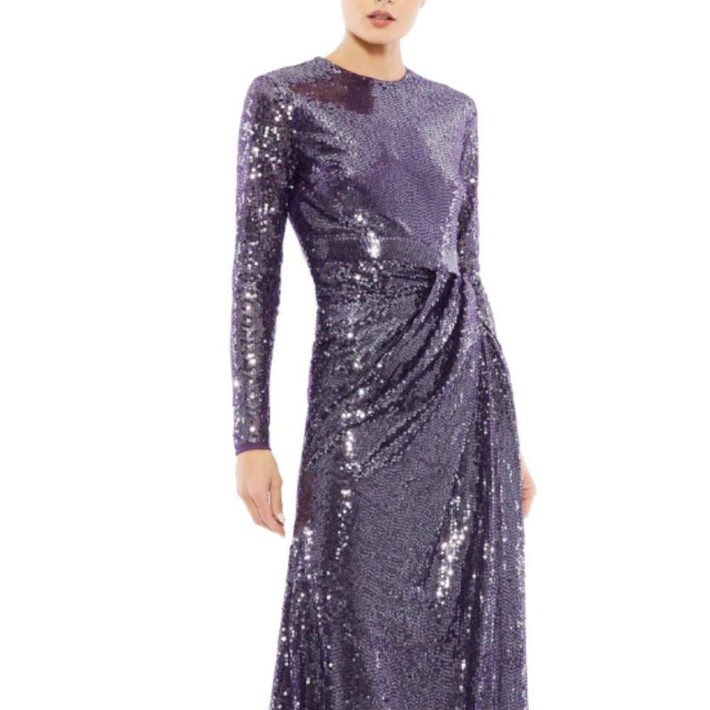 MAC DUGGAL 10824 SEQUINED HIGH NECK LONG SLEEVE DRAPED DARK AMETHYST GOWN sz 10